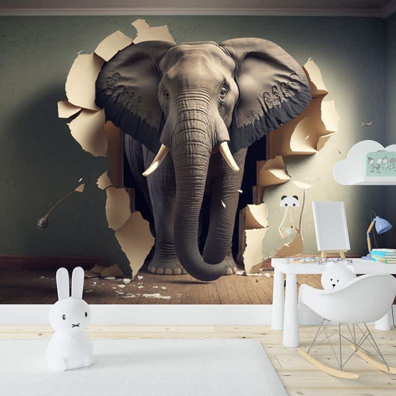 3D Duvarı Yıkan Fil Çocuk Odası Duvar Kağıdı YCO-00238