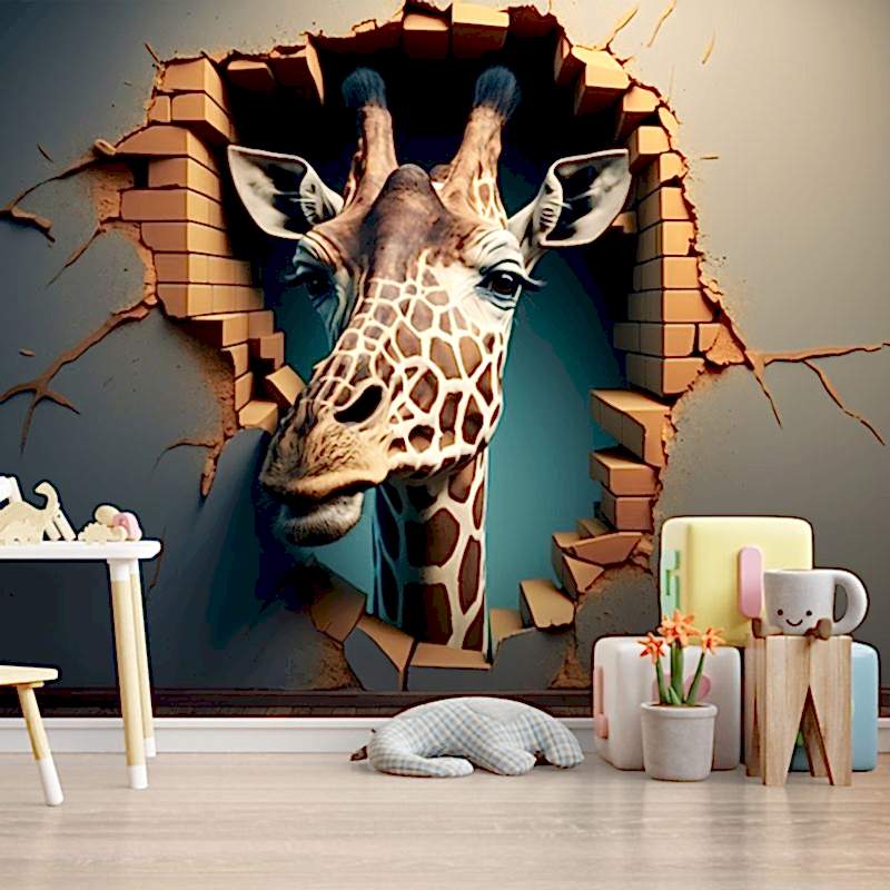 3D Duvarı Yıkan Zürafa Çocuk Odası Duvar Kağıdı YCO-00240